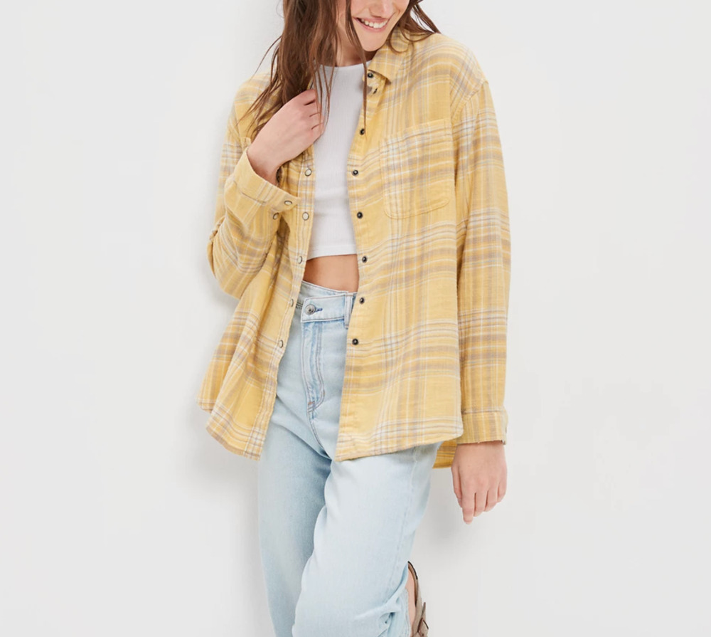 American Eagle womens size XL 100% cotton yellow oversized flannel button down